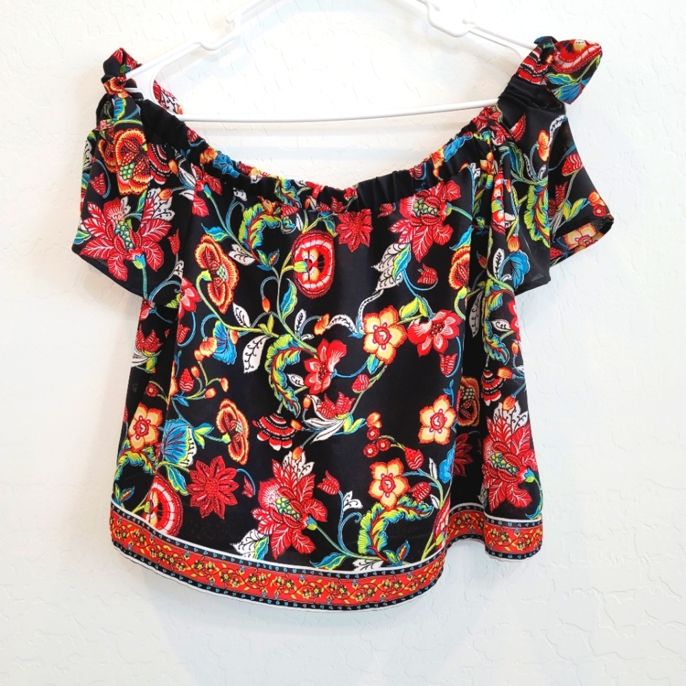 By & By Black Floral Print Off Shoulder Crop Top S